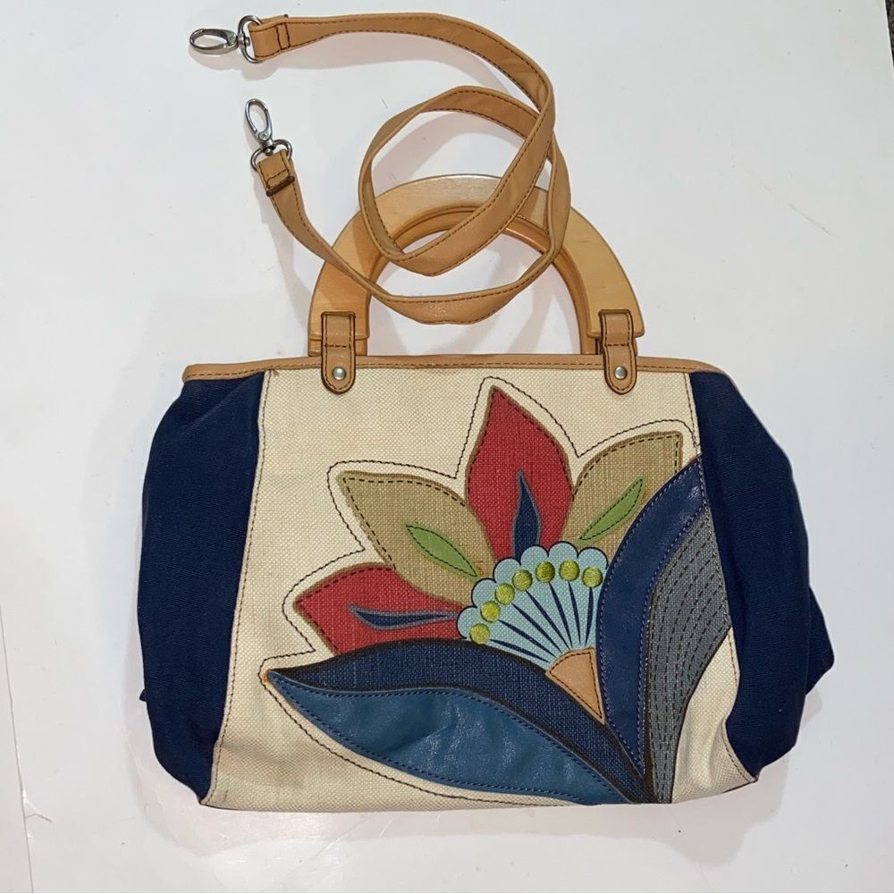 RELIC HANDBAG CANVAS LEATHER FLOWER WITH WOODEN HANDLES WOMEN HANDBAG